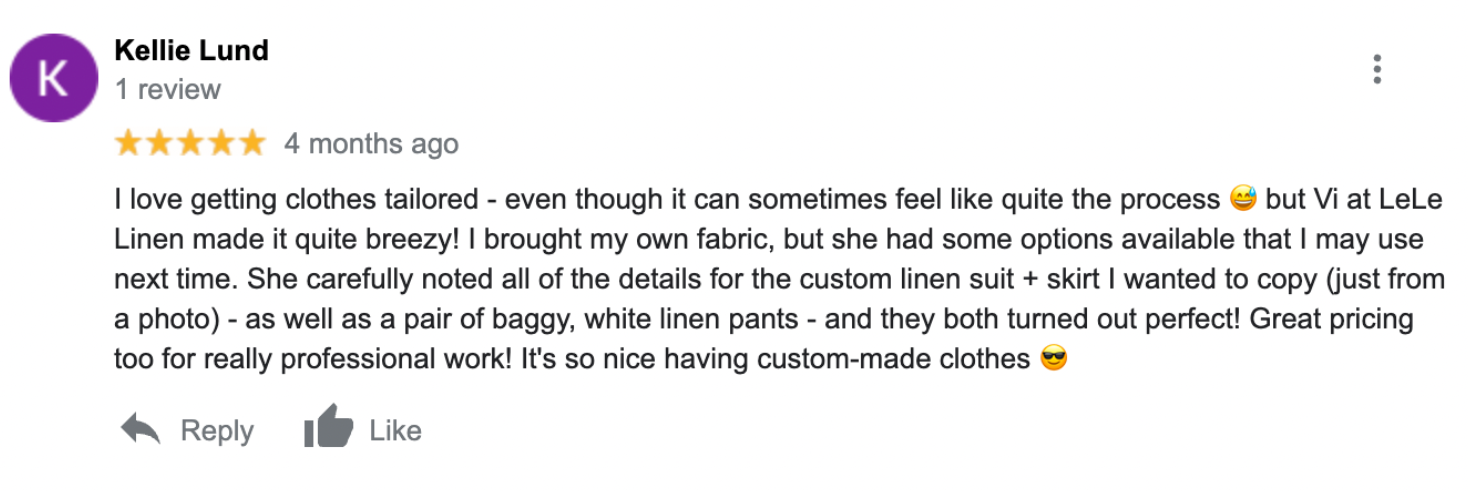 Five-star Google review from Kellie Lund about a custom linen suit, skirt and white linen trousers made by Lele Linen.