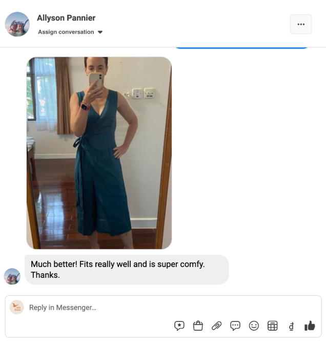 Customer message: “Much better! Fits really well and is super comfy. Thanks.”, with a photo of the customer wearing a teal linen wrap jumpsuit.
